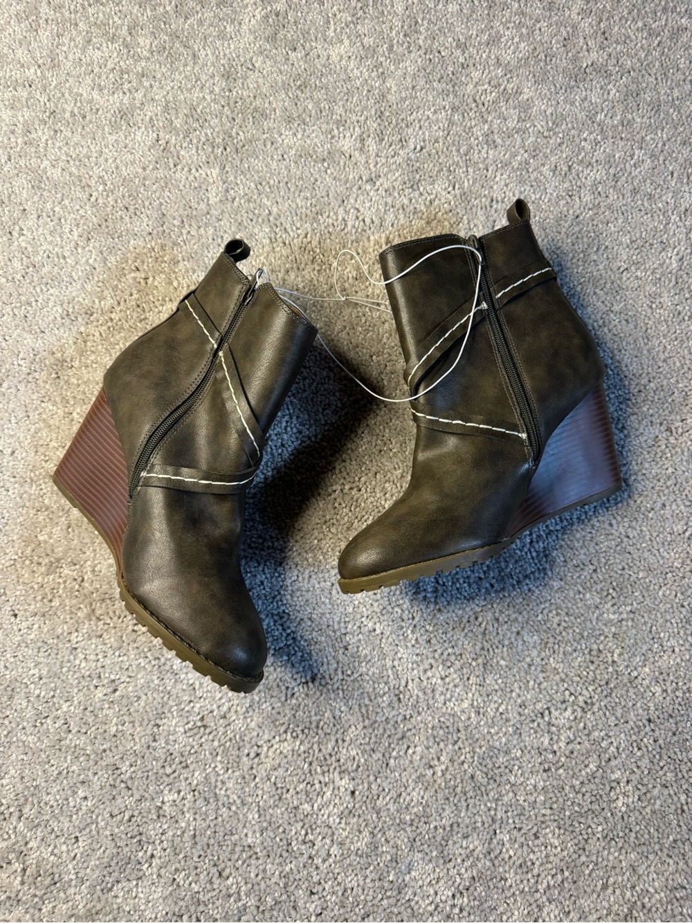 Diba Olive/Brown Wedge Ankle Boots with Contrast Stitch